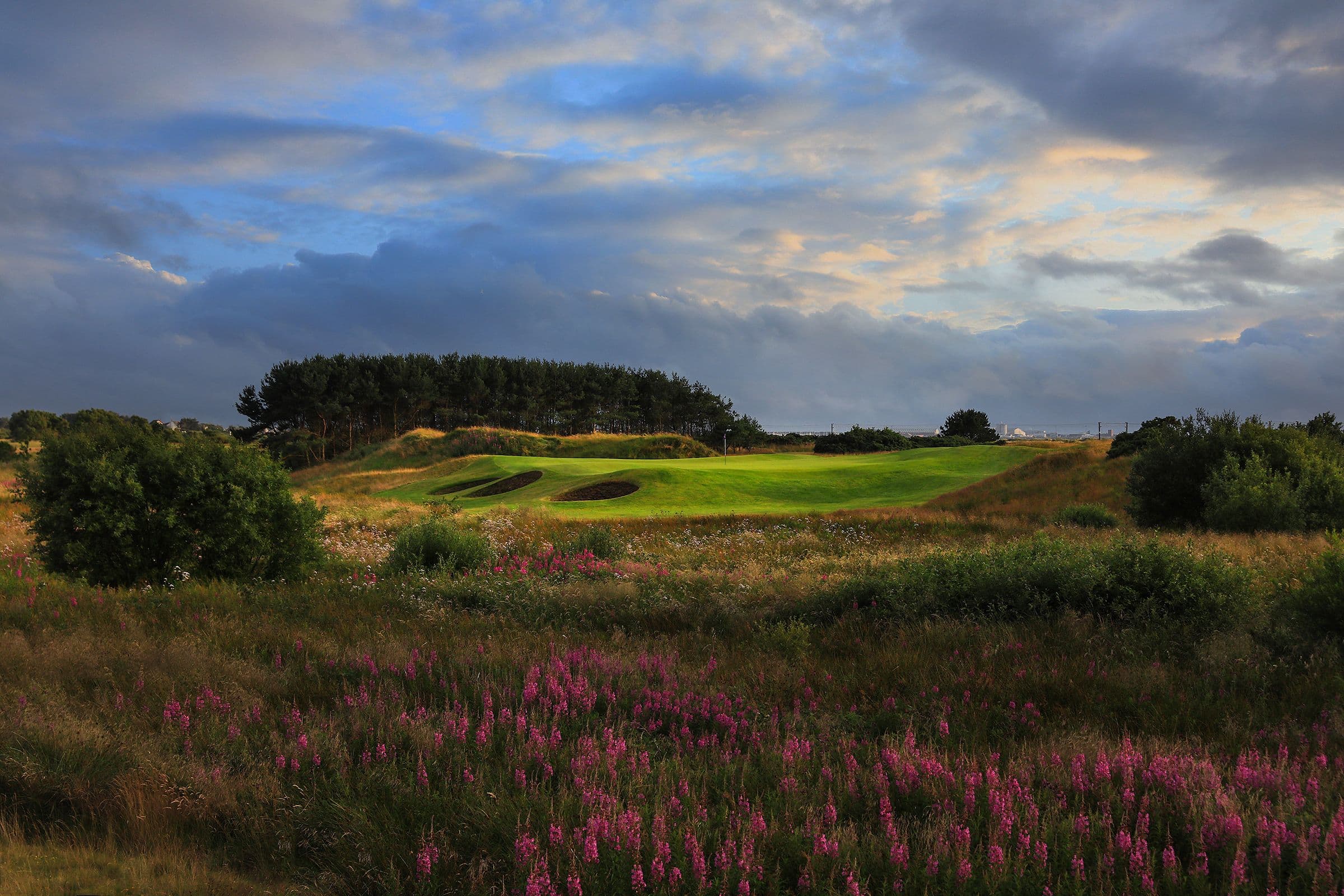 View over Dundonald Links golf course with manicured fairways, greens, and surrounding natural landscape under a clear sky