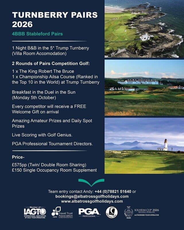 A promotional poster for the Turnberry Pairs event, featuring stylized text and graphics related to the event theme.